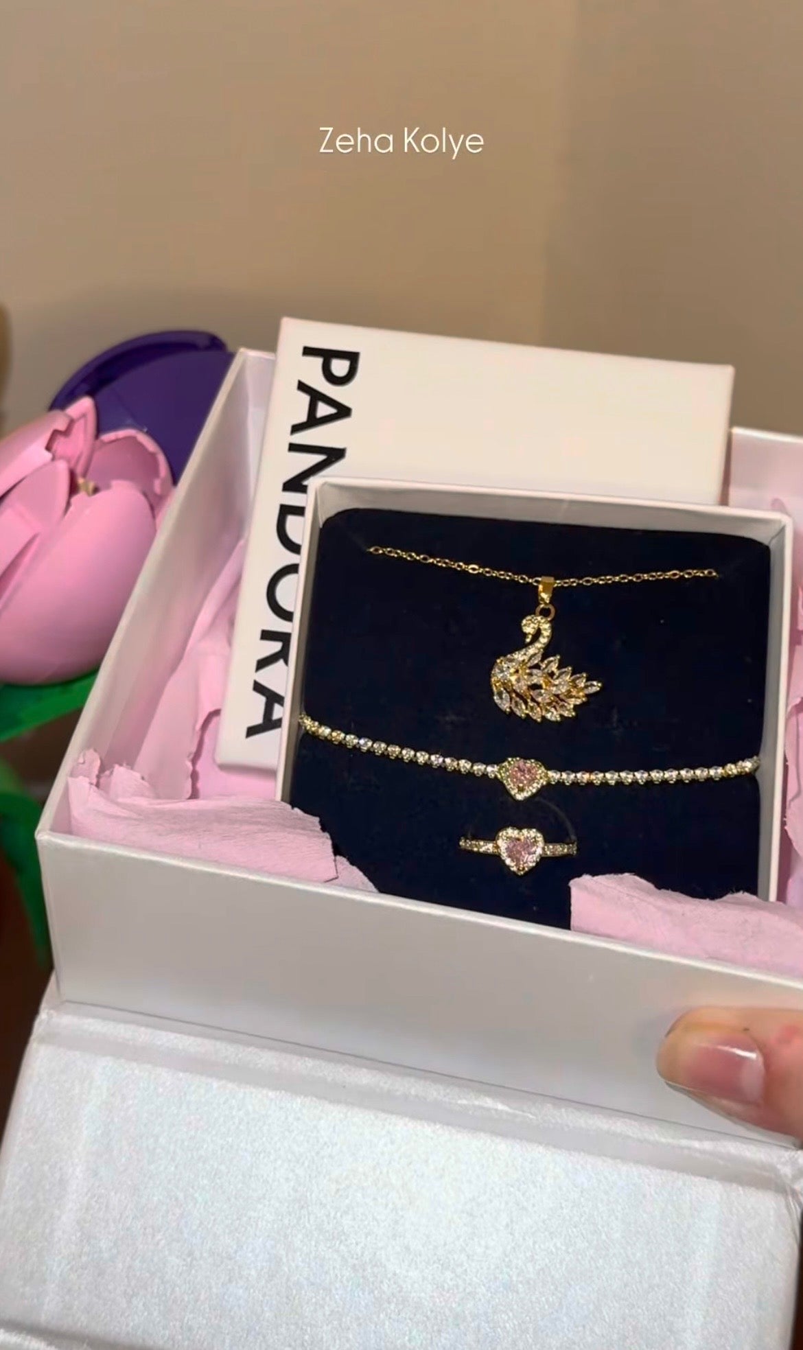 Özel Pandora Kutusunda Kuğu Kolye Set ( Kolye + Yüzük + Bileklik )